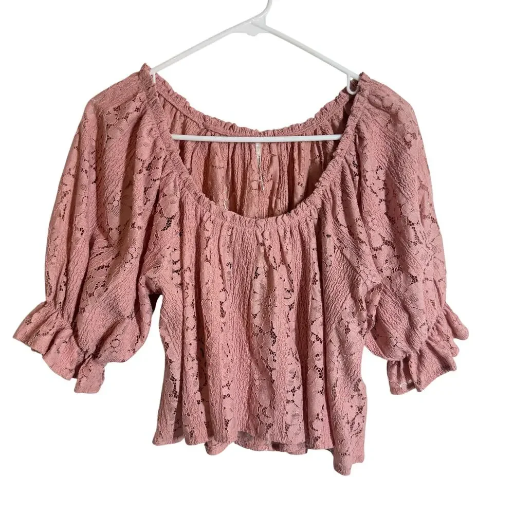 NWT Free People Ethereal Boho Pink Convertible Lace Crop Top Ruffled Cuff XS